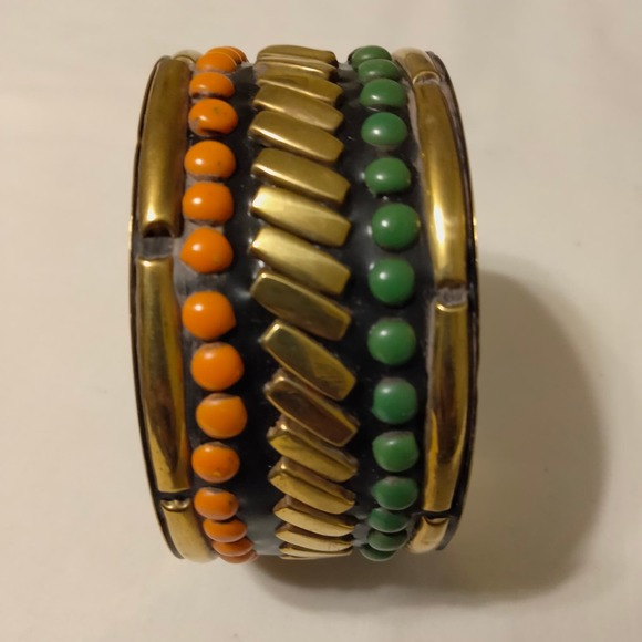 Iris Apfel & Bajalia Black, Orange & Green & Brass Bangle Bracelet - Picture 2 of 10